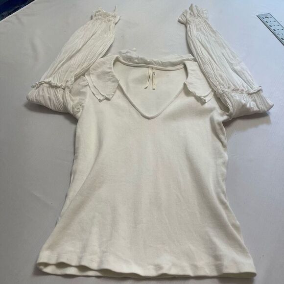 By Anthropologie Ruffled Ivory Blouse Top Ribbed Long Sleeve Ivory Size Small - Picture 4 of 9